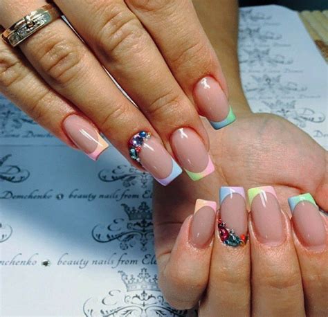 Multi-color french manicure with gems | Color french manicure, Nail designs, Mani pedi