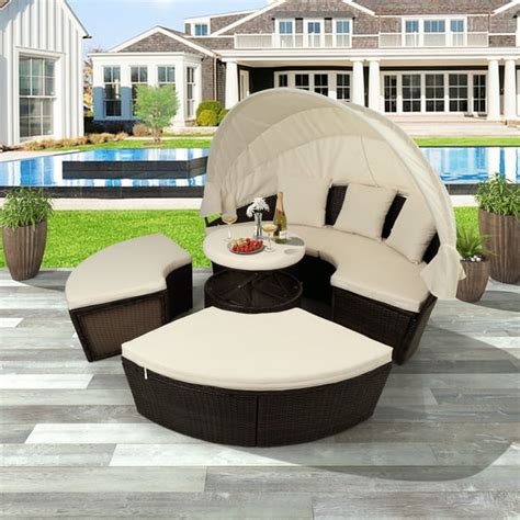 Clearance! Outdoor Patio Furniture Sets, Round Outdoor Sectional Sofa Set w/ Retractable Canopy ...