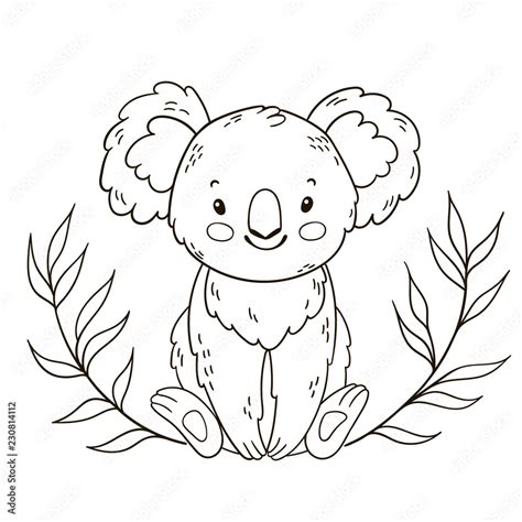 Cute Australian Koala Bear. Black and white outline illustration. Coloring book page. Stock ...