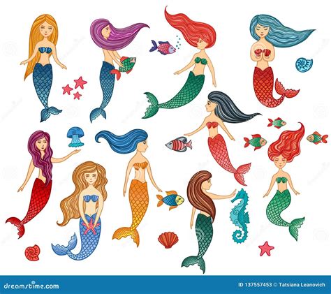 Set of Hand Drawn Cute Little Mermaid Girls, Starfish, Seahorse ...