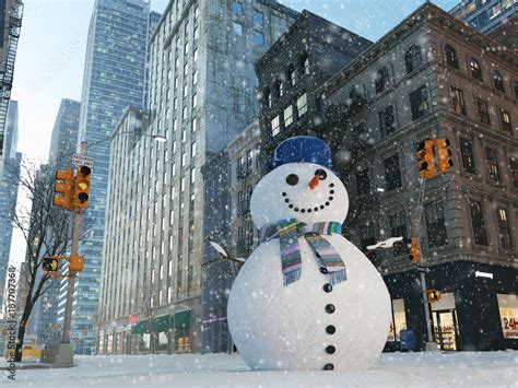 blizzard in new york city. build snowman. 3d rendering Stock ...