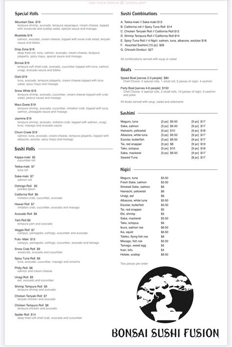 Menu at Bonsai Sushi Fusion restaurant, Redding