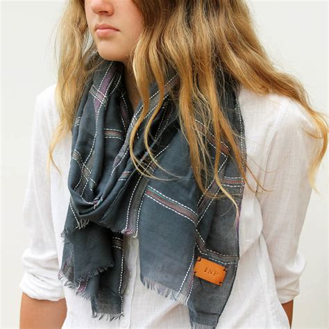 personalised woven check scarf with leather monogram by hearth ...