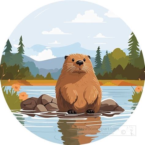 Beaver Clipart-cute beaver swimming in water in a mounain lake clip art