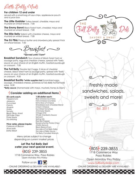 The Full Belly Deli menu in Paso Robles, California, USA