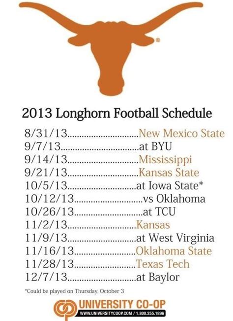 Texas Longhorn schedule | 2013 longhorn football schedule | Texas ...