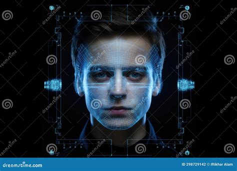 Young Man with Futuristic Face Recognition Concept. 3D Rendering, Digital Hologram CT Scan and X ...