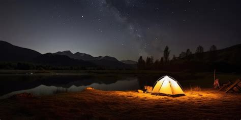 Premium Photo | Camping at night starry night sky mountain view generative ai aig20