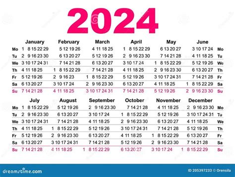 2024 calendar simple grid. Business calendar template for pocket or wall or desk. Isolated on ...