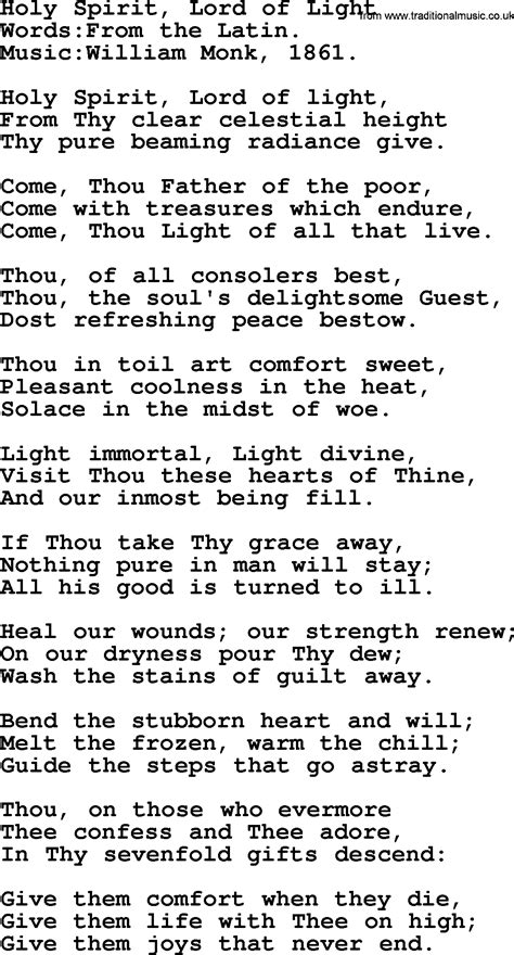 Pentecost Hymns, Song: Holy Spirit, Lord Of Light - lyrics and PDF