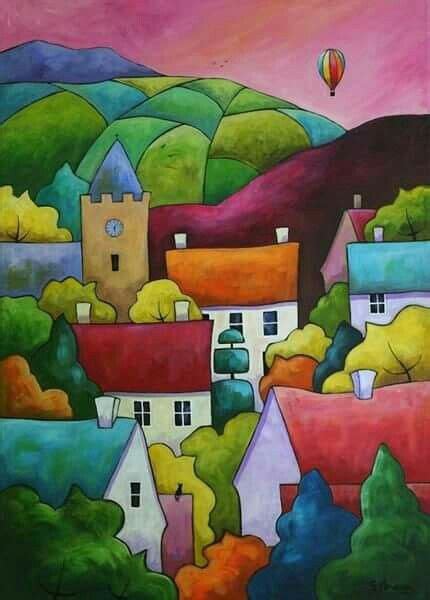 Colorful folk art village. Folk Art Painting, Painting & Drawing, Abstract Painting, Canvas ...