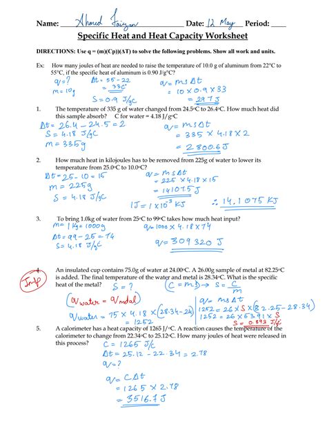 Specific Heat Capacity Worksheet - Worksheets Library