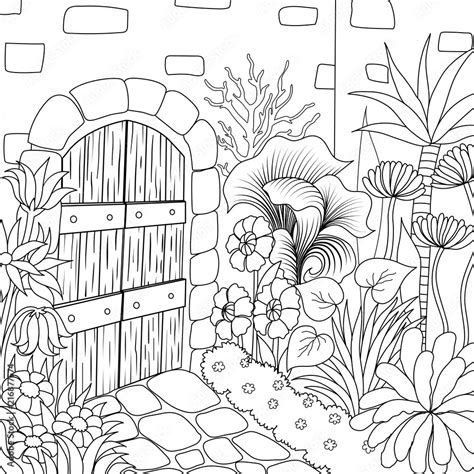 Simple line art of beautiful garden for coloring book page. Vector ...