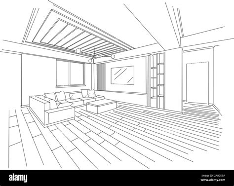 Three dimensional sketch of a modern living room. Sofa, television and wide space. Vector Stock ...