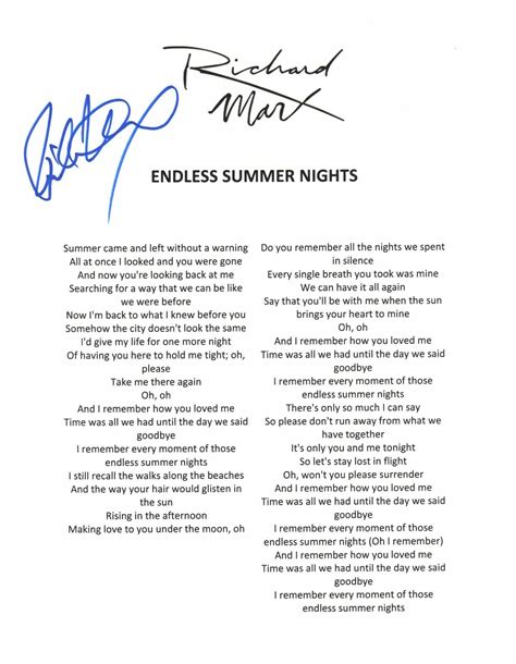 Richard Marx Signed Lyric Sheet Endless Summer Nights COA | Autographia