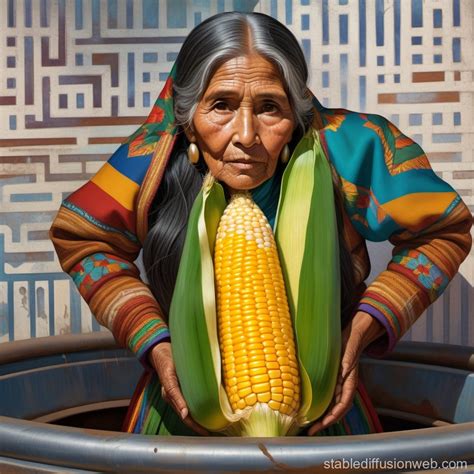 Aguaya-Wearing Bolivian Woman with Corn in Abandoned Factory | Stable Diffusion Online