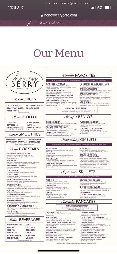 Online Menu of Honeyberry Pancakes & Cafe Restaurant, Greenfield, Wisconsin, 53220 - Zmenu