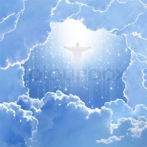 Jesus Christ in blue sky with white clouds and falling stars - heaven ...