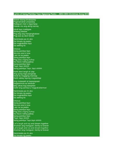 Lyrics of Isang Pamilya Tayo Ngayong Pasko | PDF