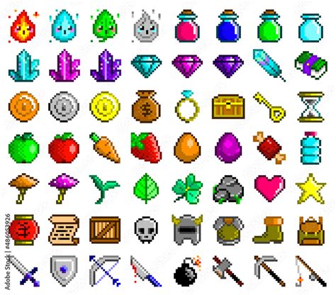 Pixel art vector icons set. Game assets - food, flasks, gems, tools ...