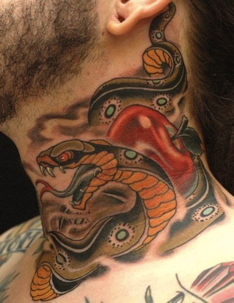 Old school style colored evil snake tattoo on neck with red apple - Tattooimages.biz