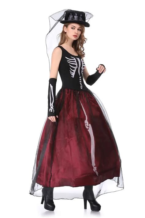 Long Halloween Skeleton Costume Women Ghost Bride Zombie Costume Skull ...