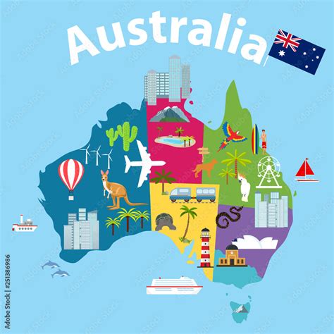 Map of Australia, tourist map of Australia. Cartoon map of Australia with animals and landmarks ...