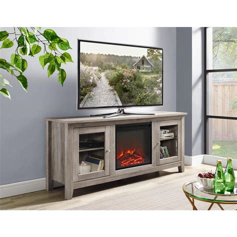 Walker Edison Furniture Company 58 in. Wood Media TV Stand Console with Fireplace - Grey Wash ...