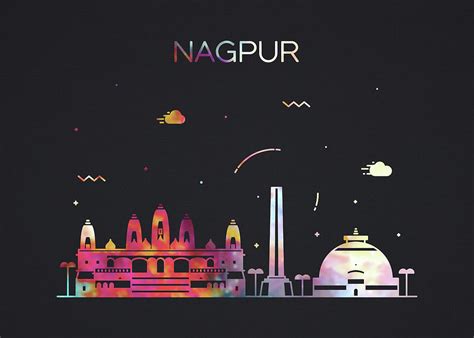 Nagpur India City Skyline Whimsical Fun Wide Dark Mixed Media by Design ...