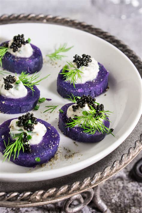 Purple potato bites with horseradish creme fraiche and caviar - Viktoria's Table