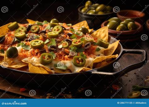 Baked Nachos Garnished with Jalapenos and Olives Stock Image - Image of ...