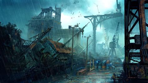 Online crop | photo of metal truss with ruined buildings, futuristic, artwork, apocalyptic HD ...