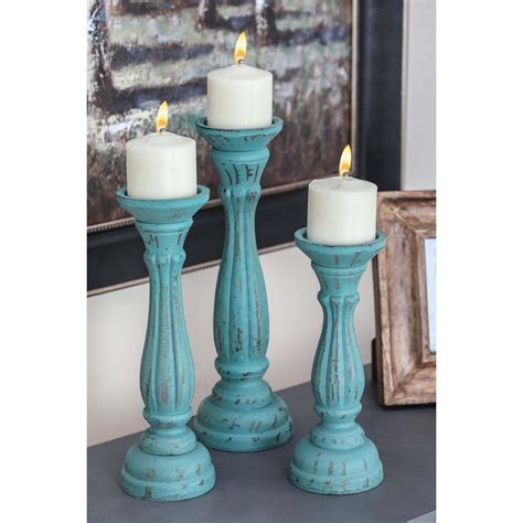 Litton Lane New Traditional Blue Wooden Candle Holders (Set of 3)-98765 - The Home Depot