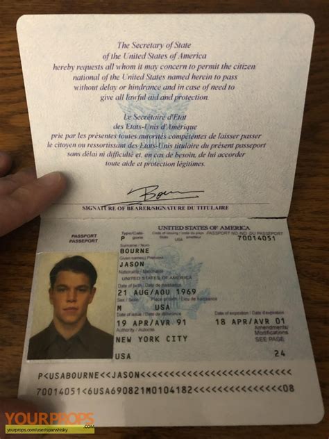 The Bourne Identity Jason Bourne Passport replica movie prop