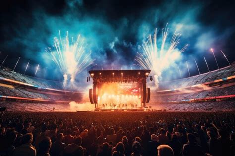 Premium AI Image | Concert crowd in front of a big stage with fireworks ...