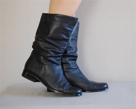 vintage SLOUCHY Black Mid Calf Leather Boots