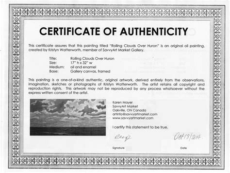 SAMPLE Certificate of Authenticity for Originals