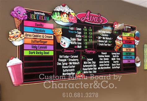 a large menu board hanging on the wall in an office building with ice cream and donuts written on it