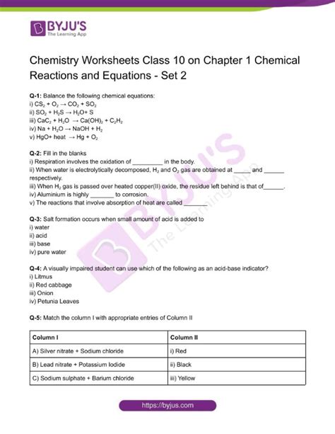 Class 10 Chemistry Worksheet on Chapter 1 Chemical Reactions and Equations - Peakup.edu.vn