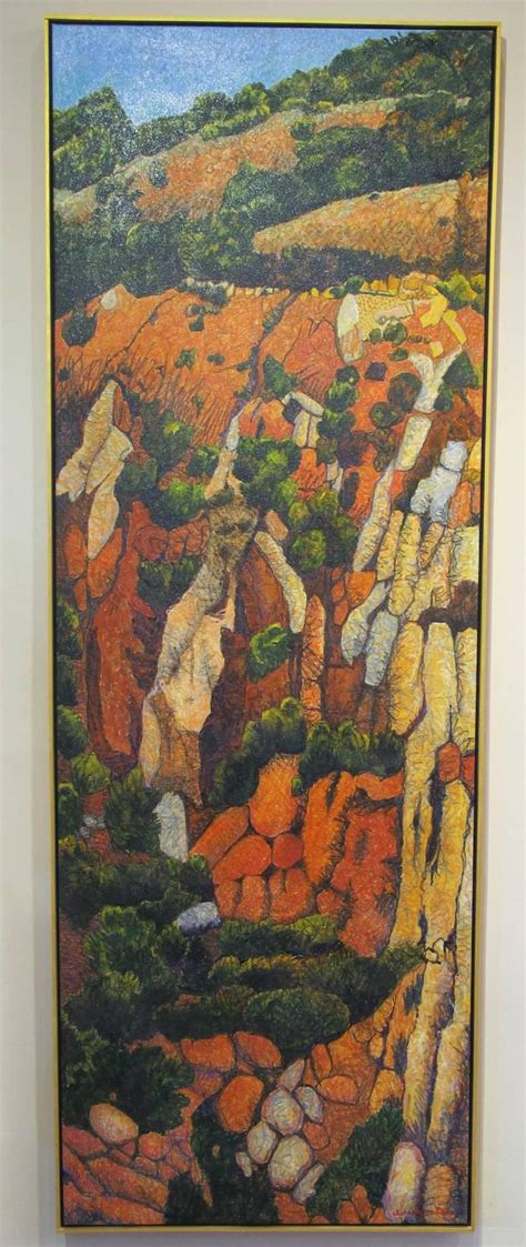 John Hogan - Red Hillside, vertical landscape painting, reds, oranges ...