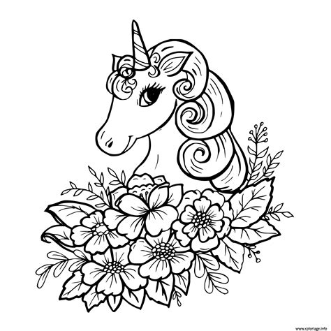 Coloriage belle licorne avec fleurs - JeColorie.com