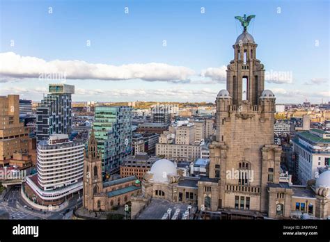 Liverpool, UK - October 30 2019: High aerial view of the Royal Liver ...