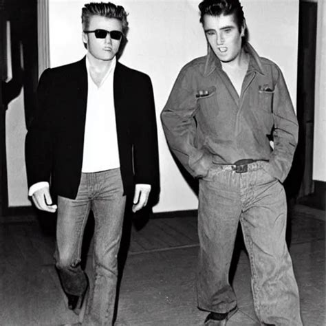 james dean and elvis presley leaving a hotel together | Stable Diffusion