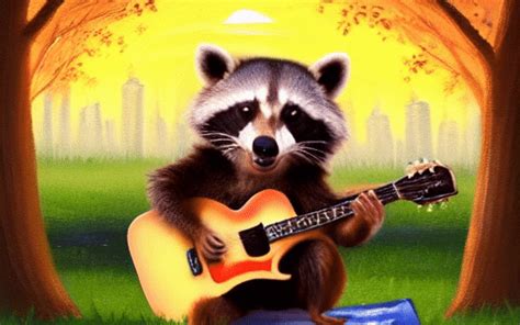 a cute raccoon playing guitar in the park at sunrise, oil painting style a teddy bear walking in ...