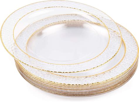 MATANA 20 multi-use Clear Hard Plastic Dinner Plates with Gold Rims, 26 cm| Reusable, Durable ...