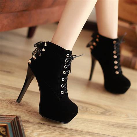 Cute Black High Heel Boots with Lace Detail on Storenvy