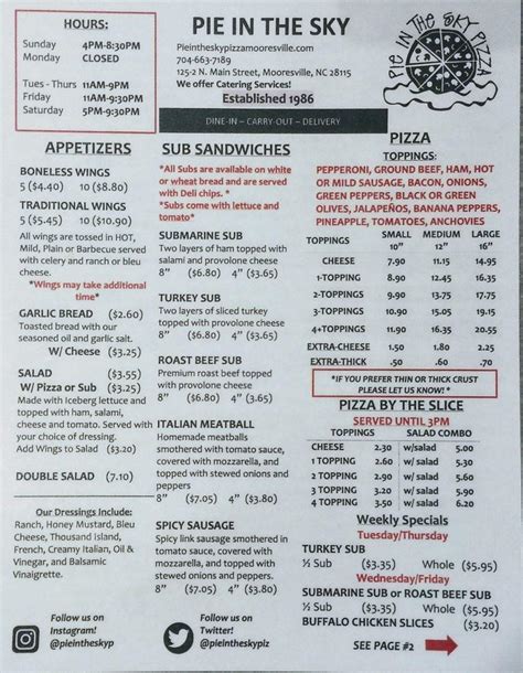 Menu at Pie In The Sky Pizza pizzeria, Mooresville, 250 S Main St