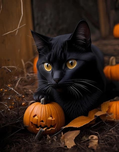 Premium AI Image | Black cat with a spooky pumpkin in Halloween