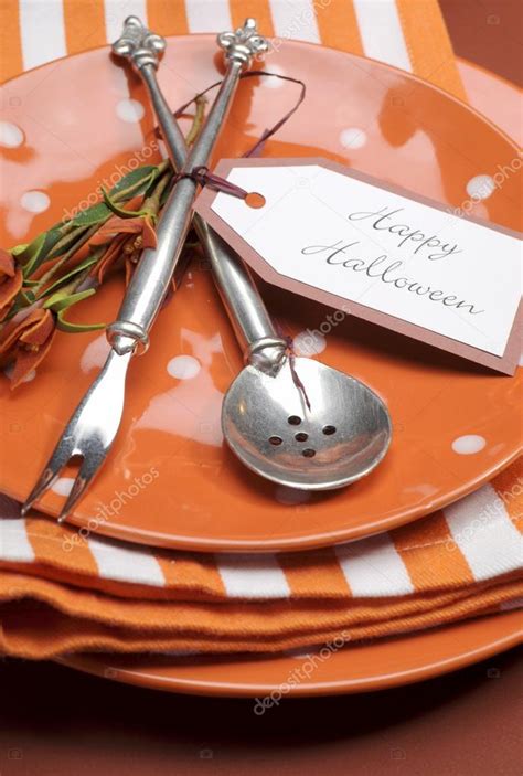Bright and modern Happy Halloween lunch or dinner table place setting. — Stock Photo © amarosy ...