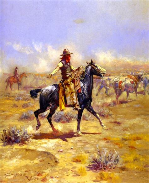 a painting of a man riding on the back of a horse in an open field